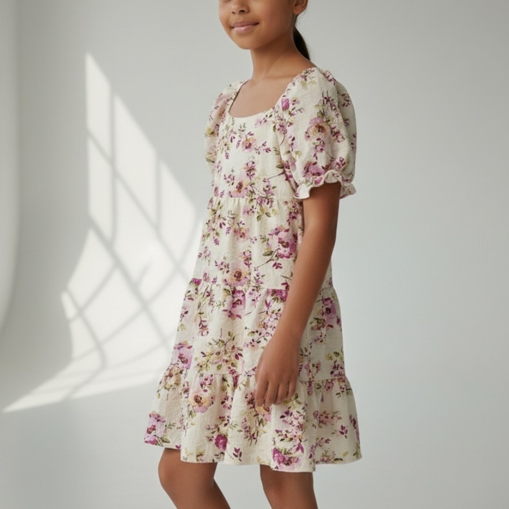 Lilt Cream Pink Floral Puff Sleeve Dress Size 7